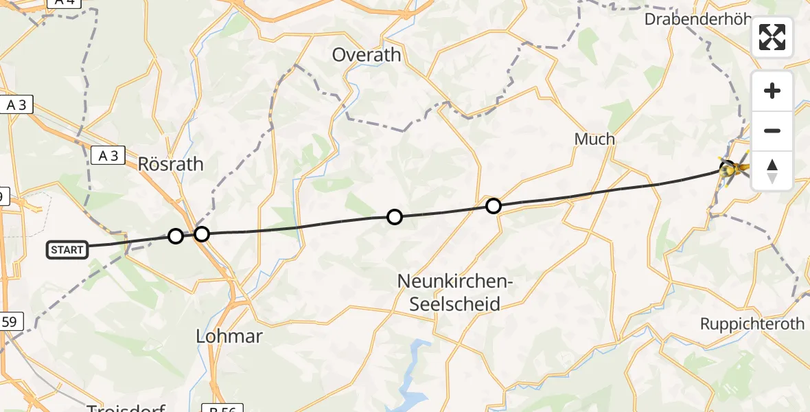 Flugroute Rettungshubschrauber Köln Bonn Flughafen - Nümbrecht, 17 Juni 2026, 08:02