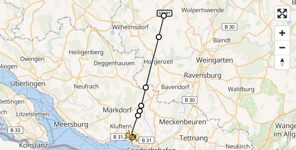 Flugroute Rettungshubschrauber Ebenweiler - Friedrichshafen Hospital, 17 Juni 2026, 08:05