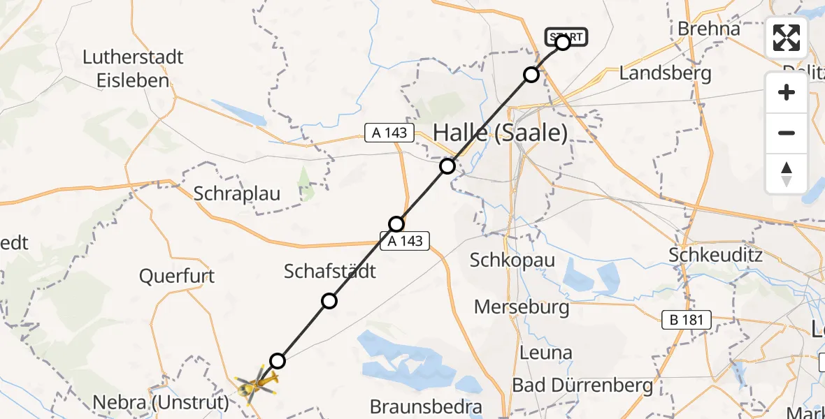 Flugroute Rettungshubschrauber Halle-Oppin Flugplatz - Steigra, 17 Juni 2026, 08:07