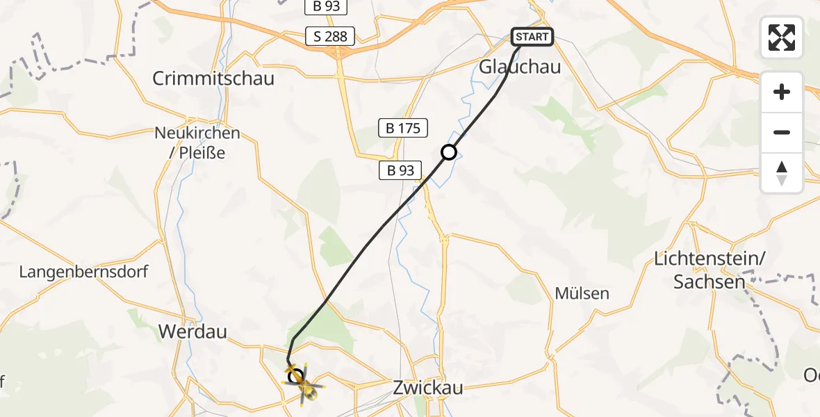 Flugroute Rettungshubschrauber Glauchau - ADAC Air Rescue Station Zwickau Hubschrauberlandeplatz, 17 Juni 2026, 08:10