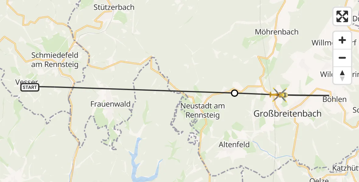 Flugroute Rettungshubschrauber Suhl - Großbreitenbach, 17 Juni 2026, 08:18
