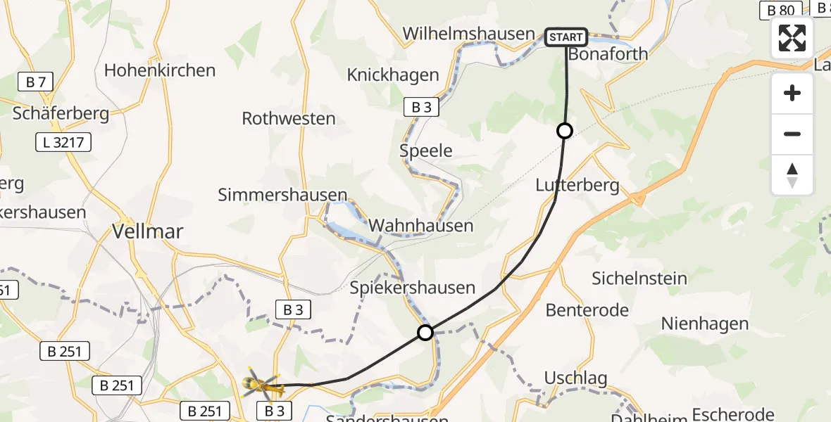 Flugroute Rettungshubschrauber Hann.Münden - Kassel, 17 Juni 2026, 08:21