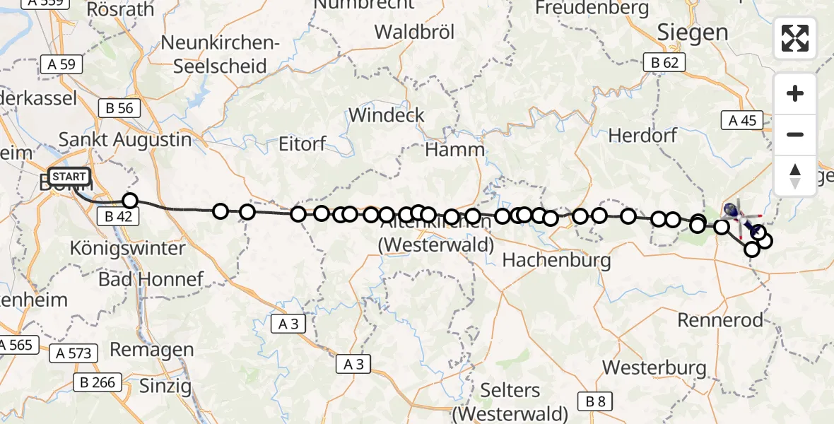 Flugroute Polizeihubschrauber Bonn - Siegerland Flughafen, 17 Juni 2026, 08:21