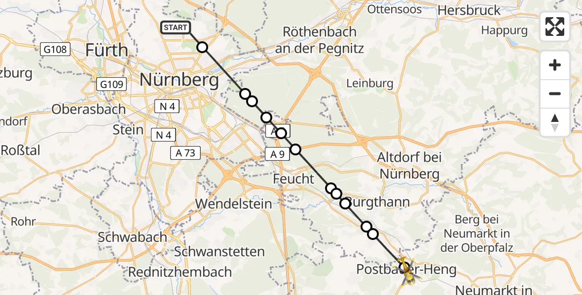 Flugroute Rettungshubschrauber Flughafen Nuremberg - Postbauer-Heng, 17 Juni 2026, 08:23