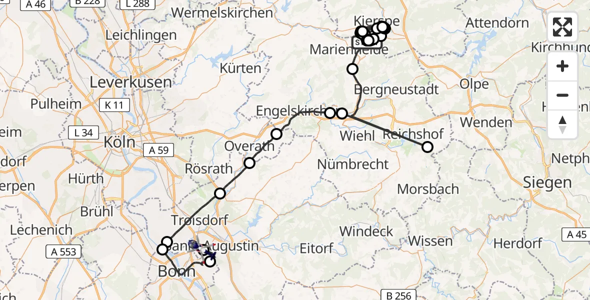 Flugroute Polizeihubschrauber Marienheide - Bonn-Hangelar Flugplatz, 17 Juni 2026, 08:26