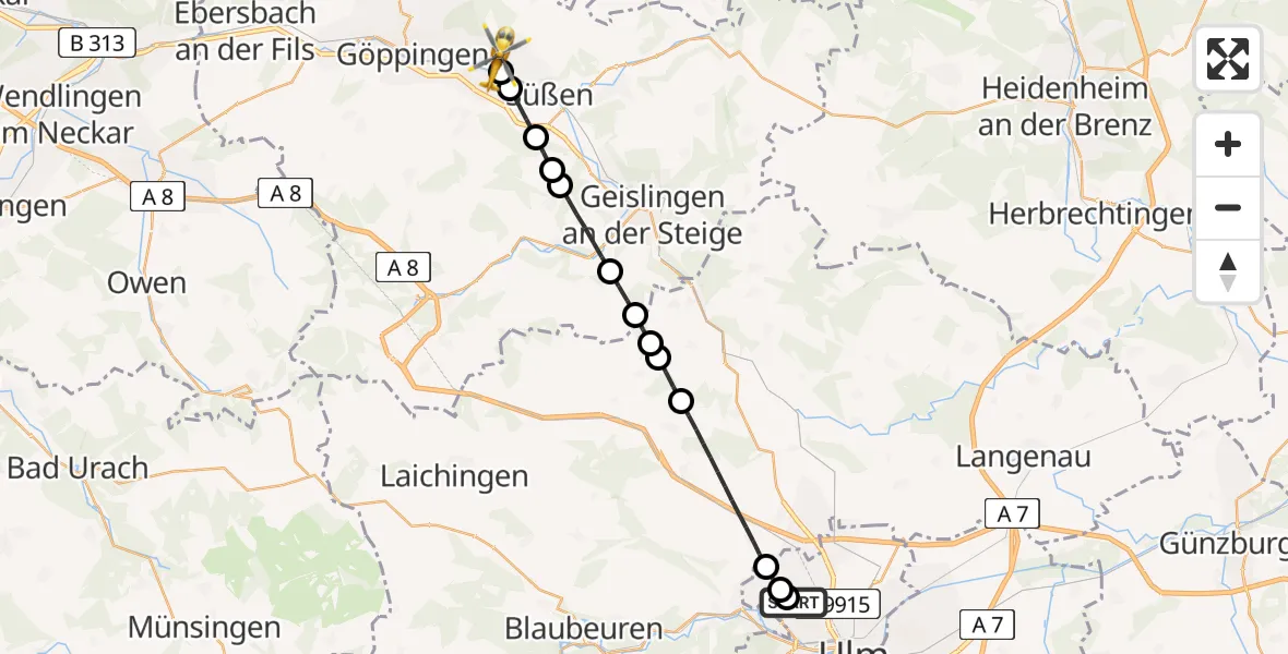 Flugroute Rettungshubschrauber Ulm Military Hospital Emergency - Eislingen/Fils, 17 Juni 2026, 08:35