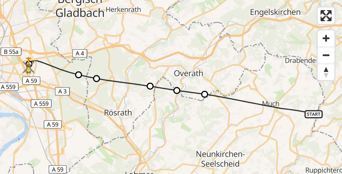 Flugroute Rettungshubschrauber Much - Merheim Hospital, 17 Juni 2026, 08:35