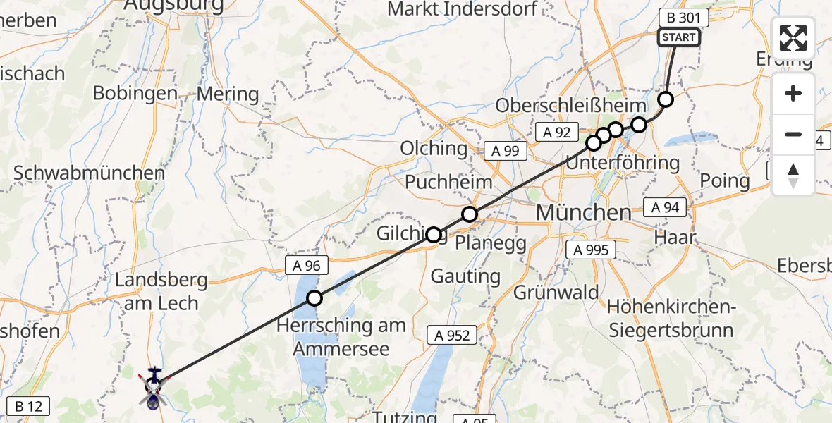 Flugroute Polizeihubschrauber Hallbergmoos - Fuchstal, 17 Juni 2026, 08:38