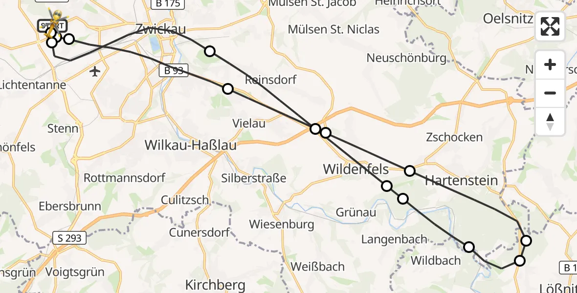 Flugroute Rettungshubschrauber ADAC Air Rescue Station Zwickau Hubschrauberlandeplatz - ADAC Air Rescue Station Zwickau Hubschrauberlandeplatz, 17 Juni 2026, 08:43