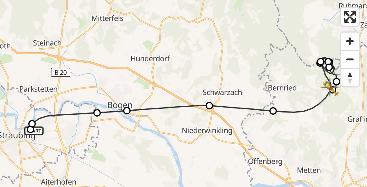 Flugroute Rettungshubschrauber Sankt Elisabeth Hospital Straubing - Bernried, 17 Juni 2026, 08:44