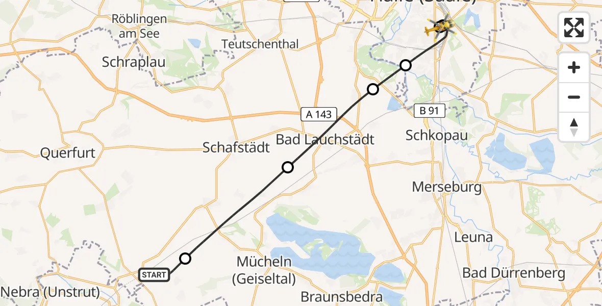 Flugroute Rettungshubschrauber Steigra - BG Hospital Bergmannstrost Halle, 17 Juni 2026, 08:45