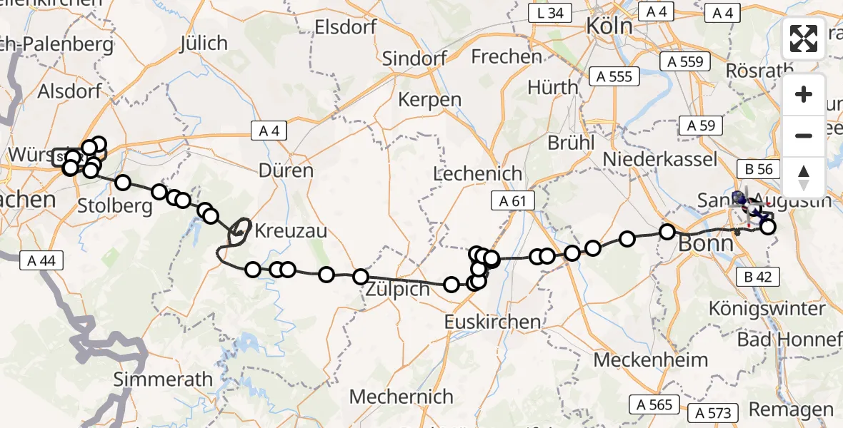 Flugroute Polizeihubschrauber Würselen - Bonn-Hangelar Flugplatz, 17 Juni 2026, 08:50
