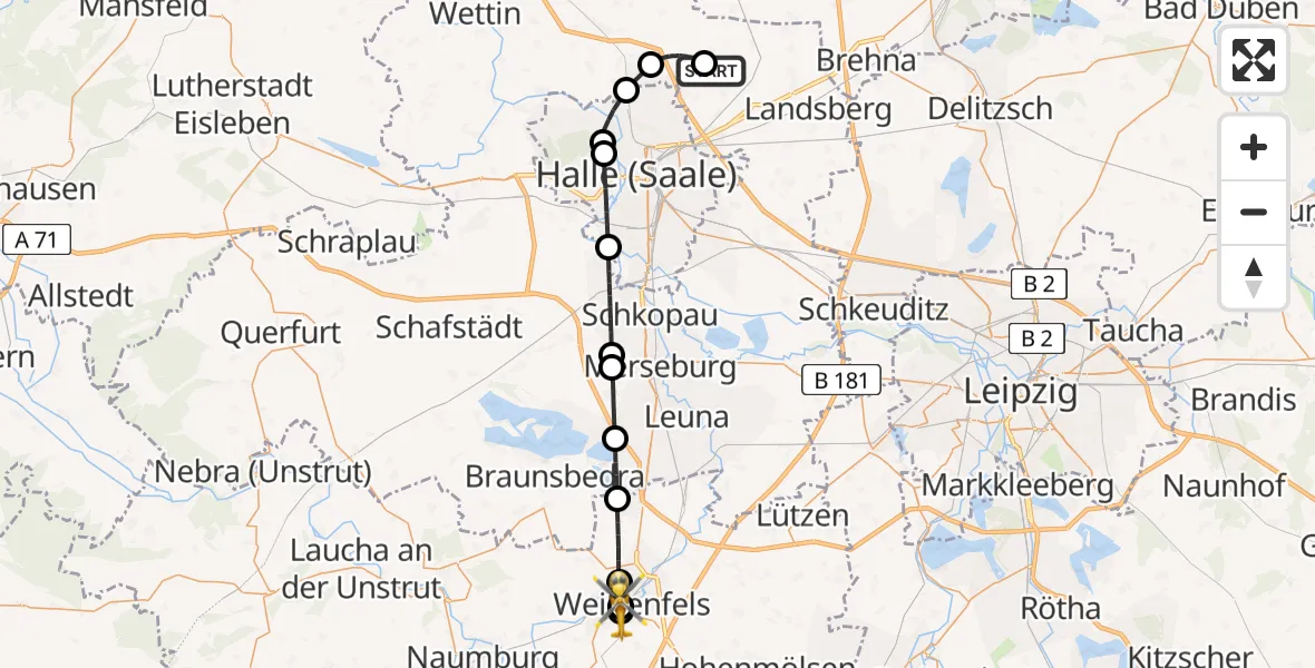 Flugroute Rettungshubschrauber Halle-Oppin Flugplatz - Asklepios Clinic Weißenfels Hubschrauberlandeplatz, 17 Juni 2026, 08:52