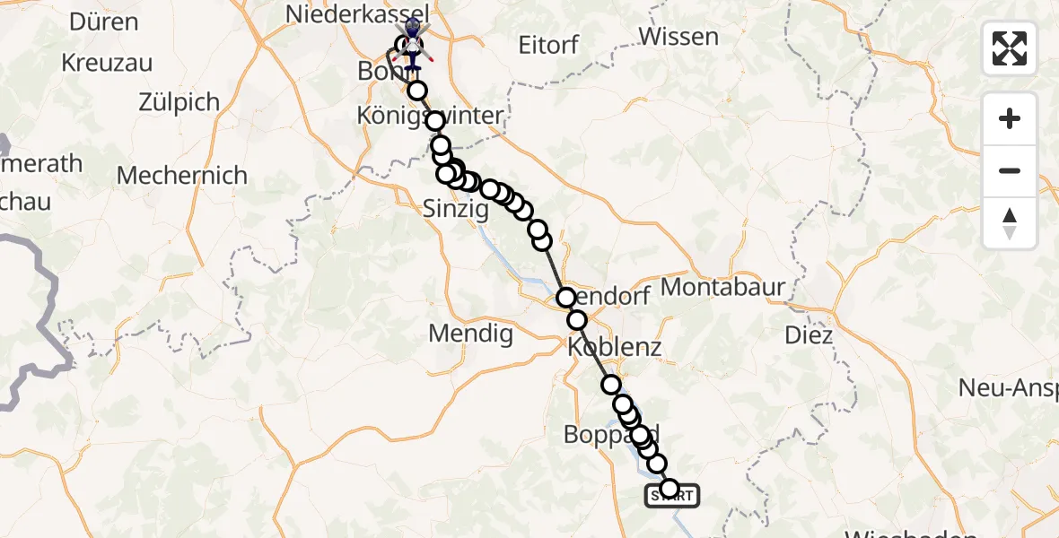 Flugroute Polizeihubschrauber Sankt Goar - Sankt Augustin, 17 Juni 2026, 08:55