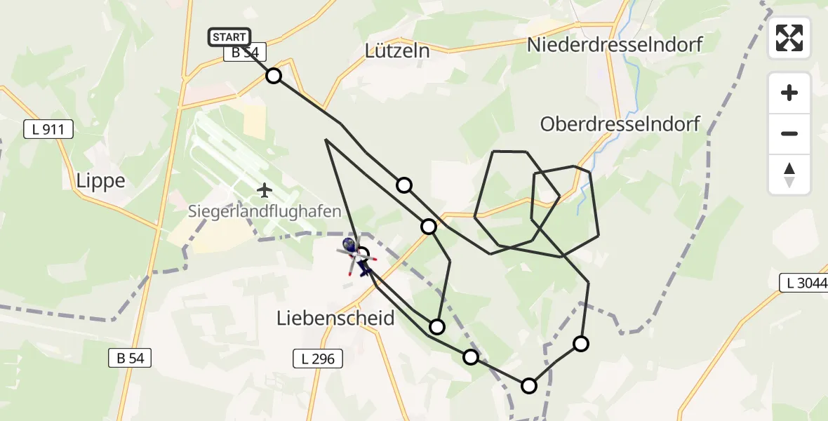 Flugroute Polizeihubschrauber Burbach - Siegerland Flughafen, 17 Juni 2026, 08:59