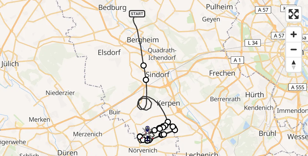 Flugroute Polizeihubschrauber Bergheim - Militärflugplatz Nörvenich, 17 Juni 2026, 09:00