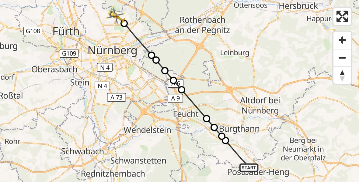 Flugroute Rettungshubschrauber Burgthann - Flughafen Nuremberg, 17 Juni 2026, 09:06