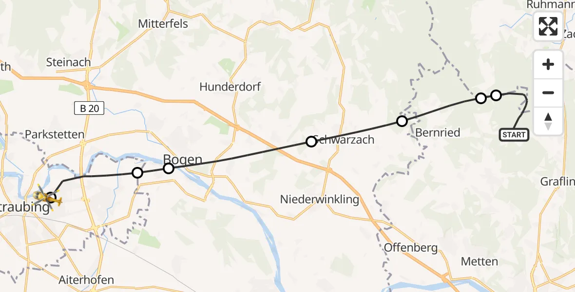 Flugroute Rettungshubschrauber Bernried - Sankt Elisabeth Hospital Straubing, 17 Juni 2026, 09:11