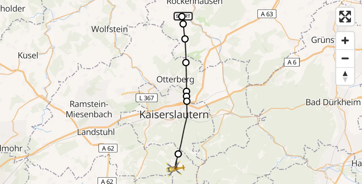 Flugroute Rettungshubschrauber Imsweiler UL - Trippstadt, 17 Juni 2026, 09:17