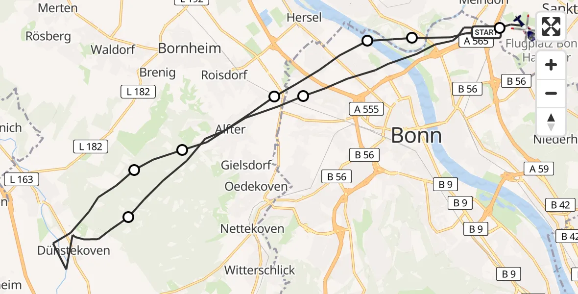 Flugroute Polizeihubschrauber Bonn - Bonn-Hangelar Flugplatz, 17 Juni 2026, 09:20