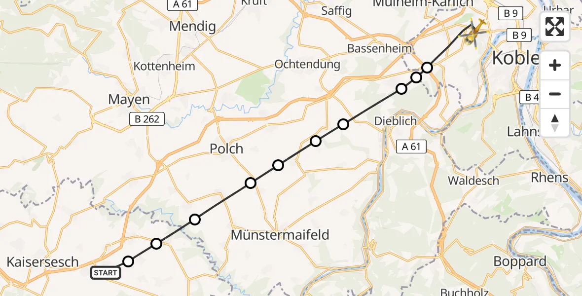 Flugroute Rettungshubschrauber Zettingen - Koblenz, 17 Juni 2026, 09:21