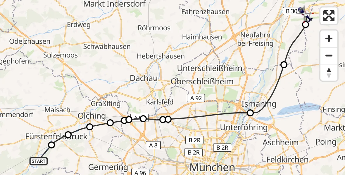 Flugroute Polizeihubschrauber Schöngeising - München Flughafen, 17 Juni 2026, 09:24