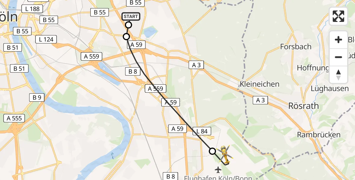 Flugroute Rettungshubschrauber Merheim Hospital - Köln Bonn Flughafen, 17 Juni 2026, 09:26