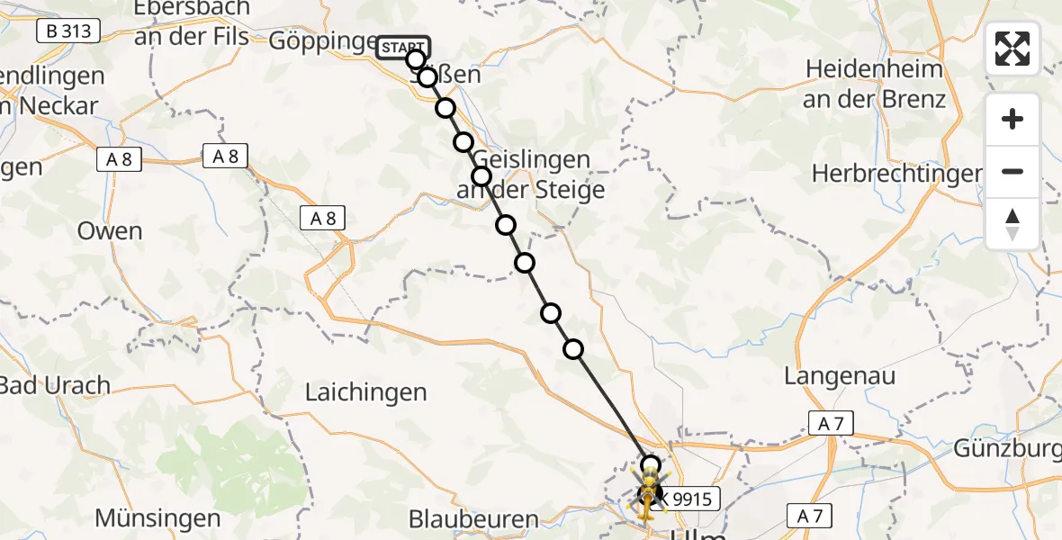 Flugroute Rettungshubschrauber Eislingen/Fils - ADAC Air Rescue Station Ulm (Christoph 22), 17 Juni 2026, 09:31