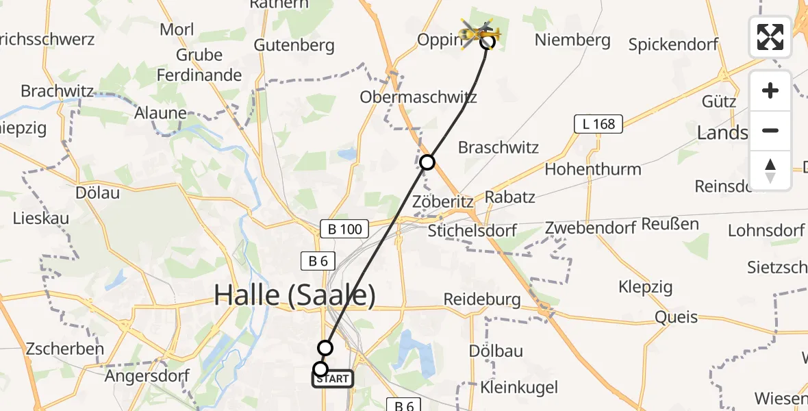 Flugroute Rettungshubschrauber BG Hospital Bergmannstrost Halle - Halle-Oppin Flugplatz, 17 Juni 2026, 09:33
