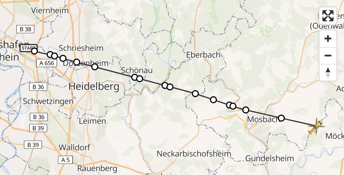Flugroute Rettungshubschrauber Mannheim-City Flughafen - Billigheim, 17 Juni 2026, 09:33