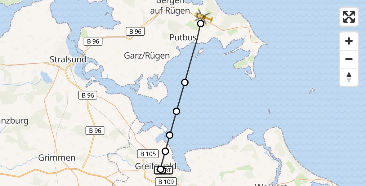 Flugroute Rettungshubschrauber Greifswald Hospital - Zirkow, 17 Juni 2026, 09:36