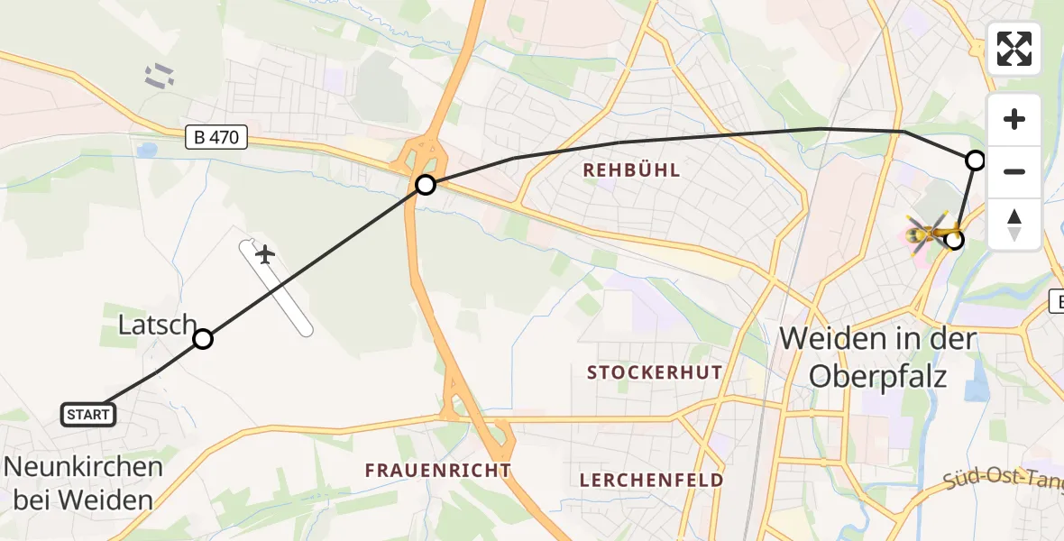 Flugroute Rettungshubschrauber Weiden i.d.OPf. - Weiden Hospital, 17 Juni 2026, 09:38