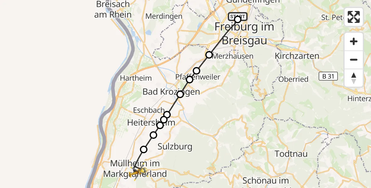 Flugroute Ambulanzhubschrauber Freiburg im Breisgau Flugplatz - Müllheim im Markgräflerland, 17 Juni 2026, 09:38