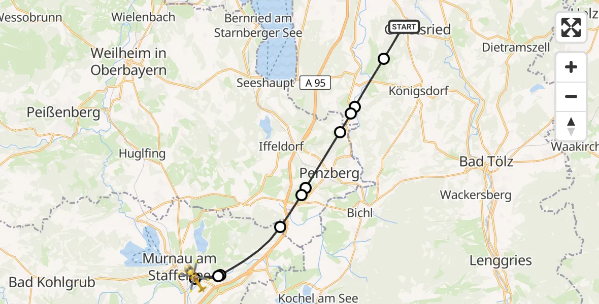 Flugroute Rettungshubschrauber Geretsried - Murnau a.Staffelsee, 17 Juni 2026, 09:41