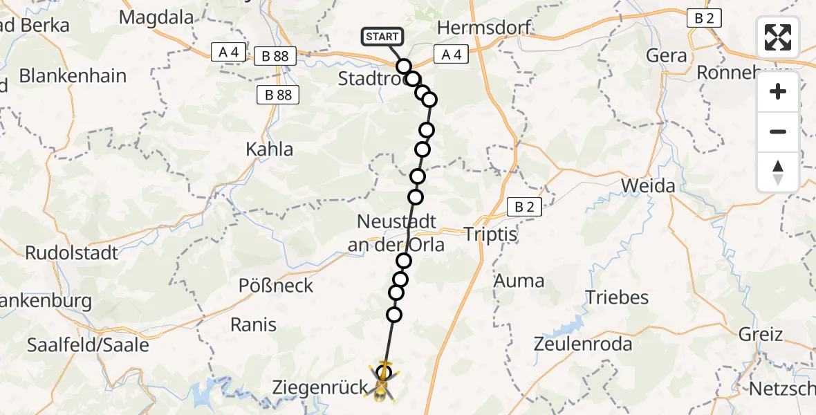 Flugroute Rettungshubschrauber Ruttersdorf-Lotschen - Volkmannsdorf, 17 Juni 2026, 09:42