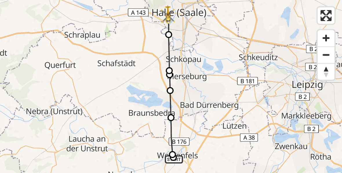 Flugroute Rettungshubschrauber Asklepios Clinic Weißenfels - Halle (Saale), 17 Juni 2026, 09:46