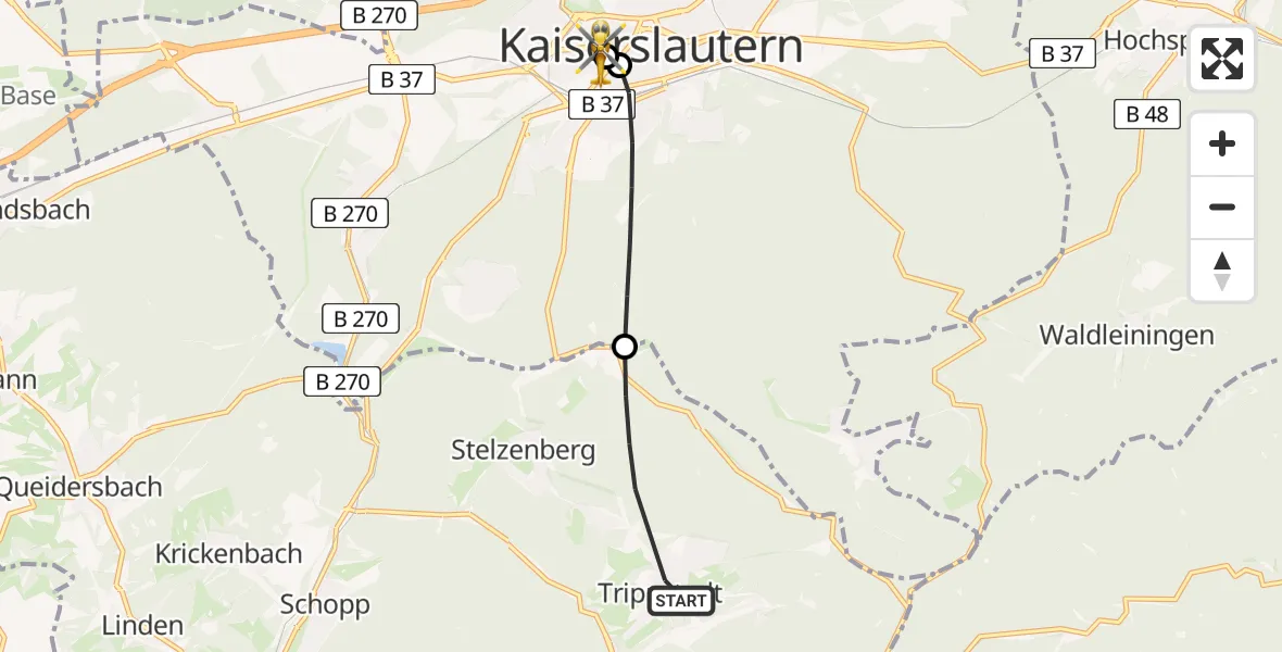 Flugroute Rettungshubschrauber Trippstadt - Westpfalz Hospital Kaiserslautern, 17 Juni 2026, 09:46