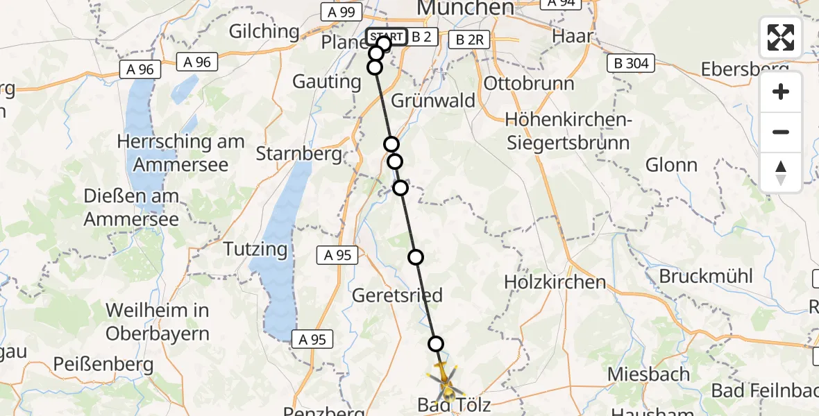 Flugroute Rettungshubschrauber DRF Air Rescue München Hubschrauberlandeplatz - Bad Tölz, 17 Juni 2026, 09:50