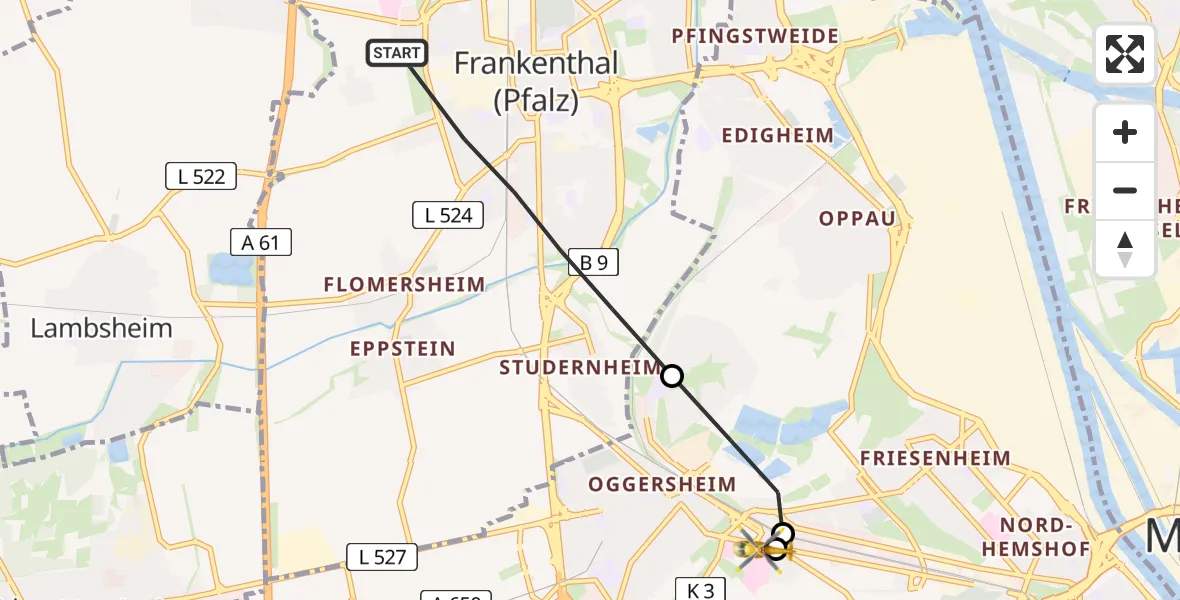 Flugroute Rettungshubschrauber Frankenthal (Pfalz) - Ludwigshafen Accident Hospital, 17 Juni 2026, 09:55