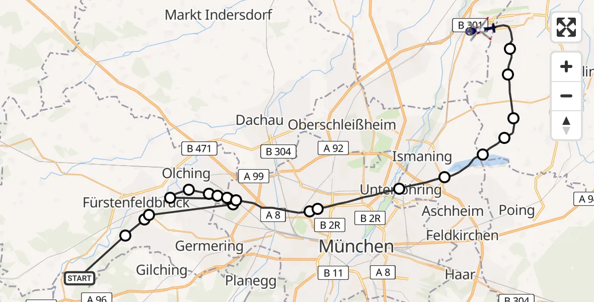 Flugroute Polizeihubschrauber Grafrath - München Flughafen, 17 Juni 2026, 09:55