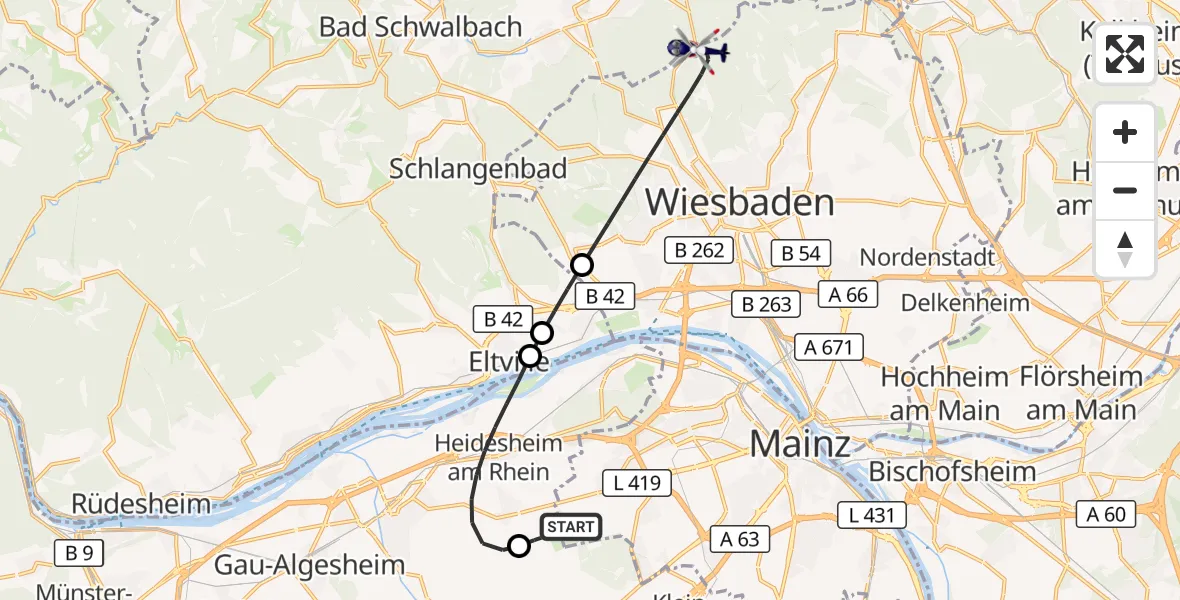 Flugroute Polizeihubschrauber Mainz-Finthen Flugplatz - Wiesbaden, 17 Juni 2026, 09:58