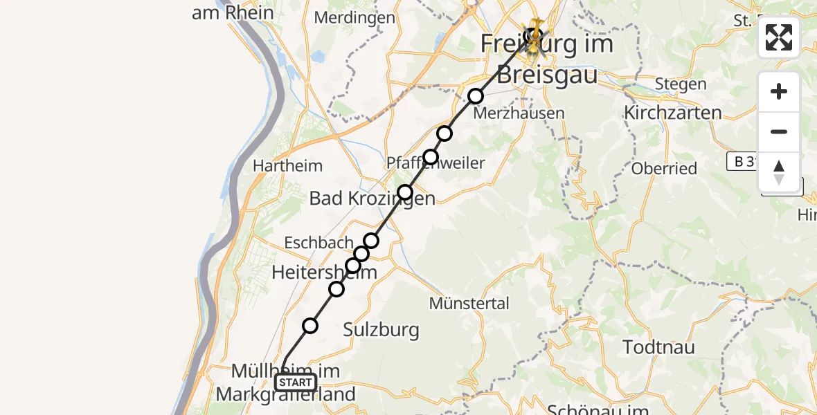 Flugroute Ambulanzhubschrauber Müllheim im Markgräflerland - Freiburg University Hospital Heliport 1, 17 Juni 2026, 10:10