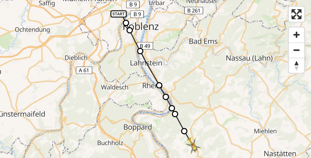 Flugroute Rettungshubschrauber Koblenz - Dahlheim, 17 Juni 2026, 10:13