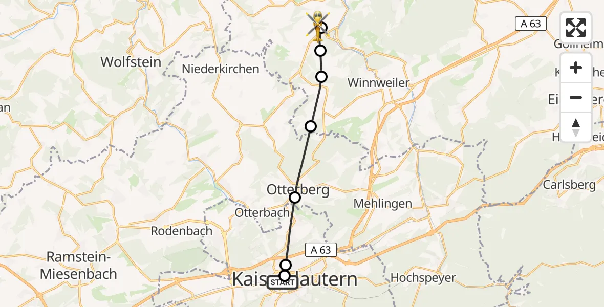 Flugroute Rettungshubschrauber Westpfalz Hospital Kaiserslautern - Imsweiler UL, 17 Juni 2026, 10:19