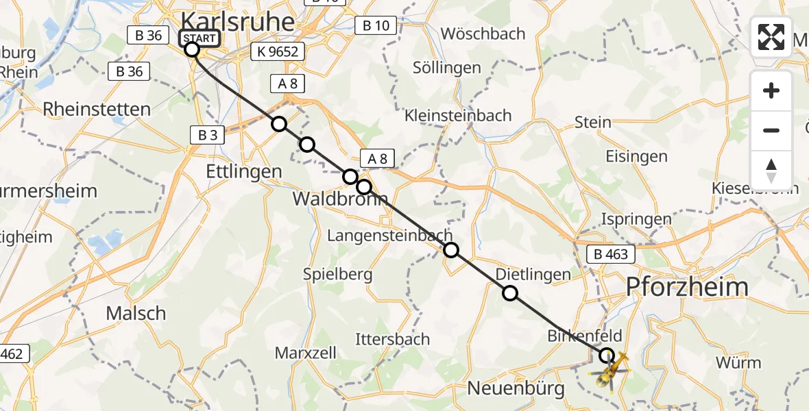 Flugroute Rettungshubschrauber Sankt Vincentius Hospital - Pforzheim, 17 Juni 2026, 10:19