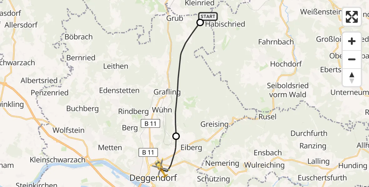 Flugroute Rettungshubschrauber Zachenberg - Deggendorf, 17 Juni 2026, 10:20