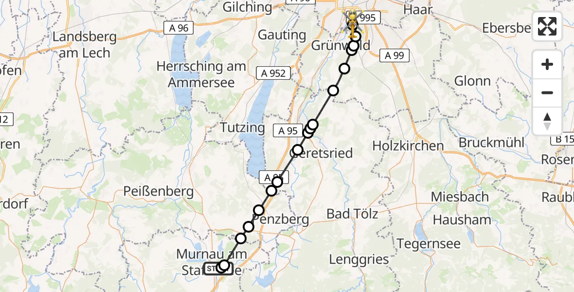 Flugroute Rettungshubschrauber Murnau Accident Hospital - ADAC Air Rescue Center Hubschrauberlandeplatz (Christoph 1), 17 Juni 2026, 10:23