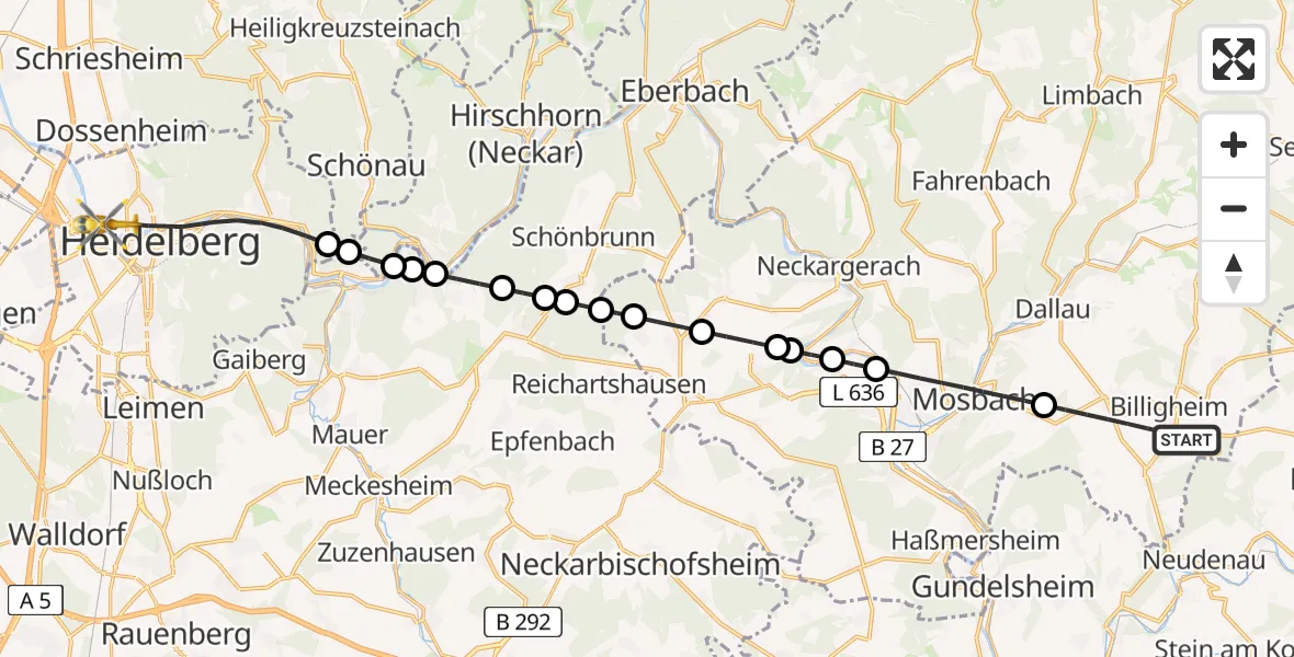 Flugroute Rettungshubschrauber Billigheim - Heidelberg, 17 Juni 2026, 10:26