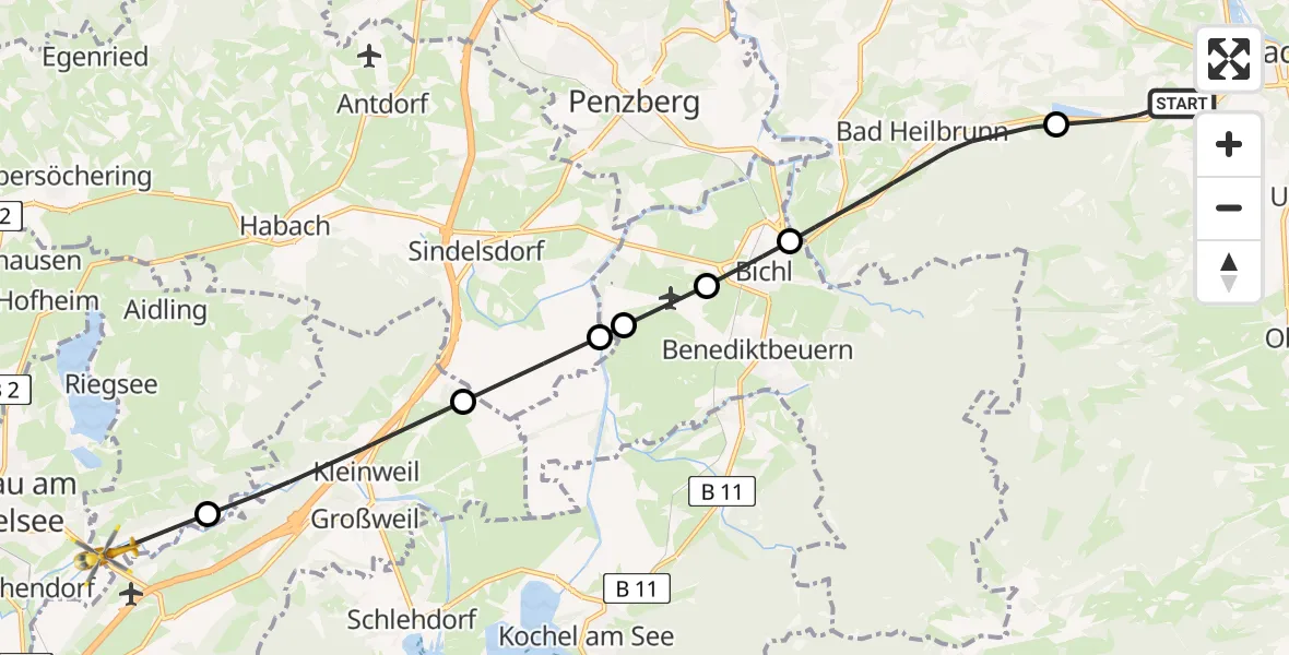 Flugroute Rettungshubschrauber Wackersberg - Riegsee, 17 Juni 2026, 10:26