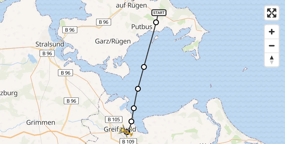 Flugroute Rettungshubschrauber Zirkow - Greifswald Hospital, 17 Juni 2026, 10:28